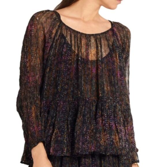NWOT MES DEMOISELLES Top Women 40/M Chiffon Sheer Crinkle Peplum Multi Katarina